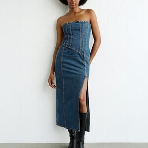 Zara Strapless Asymmetric Denim Midi Dress Size S